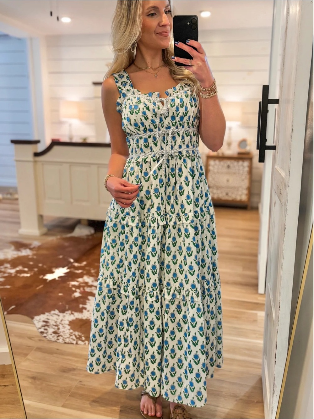 Avara Camila Dress White Floral Maxi Dress with Blue & Green Print
